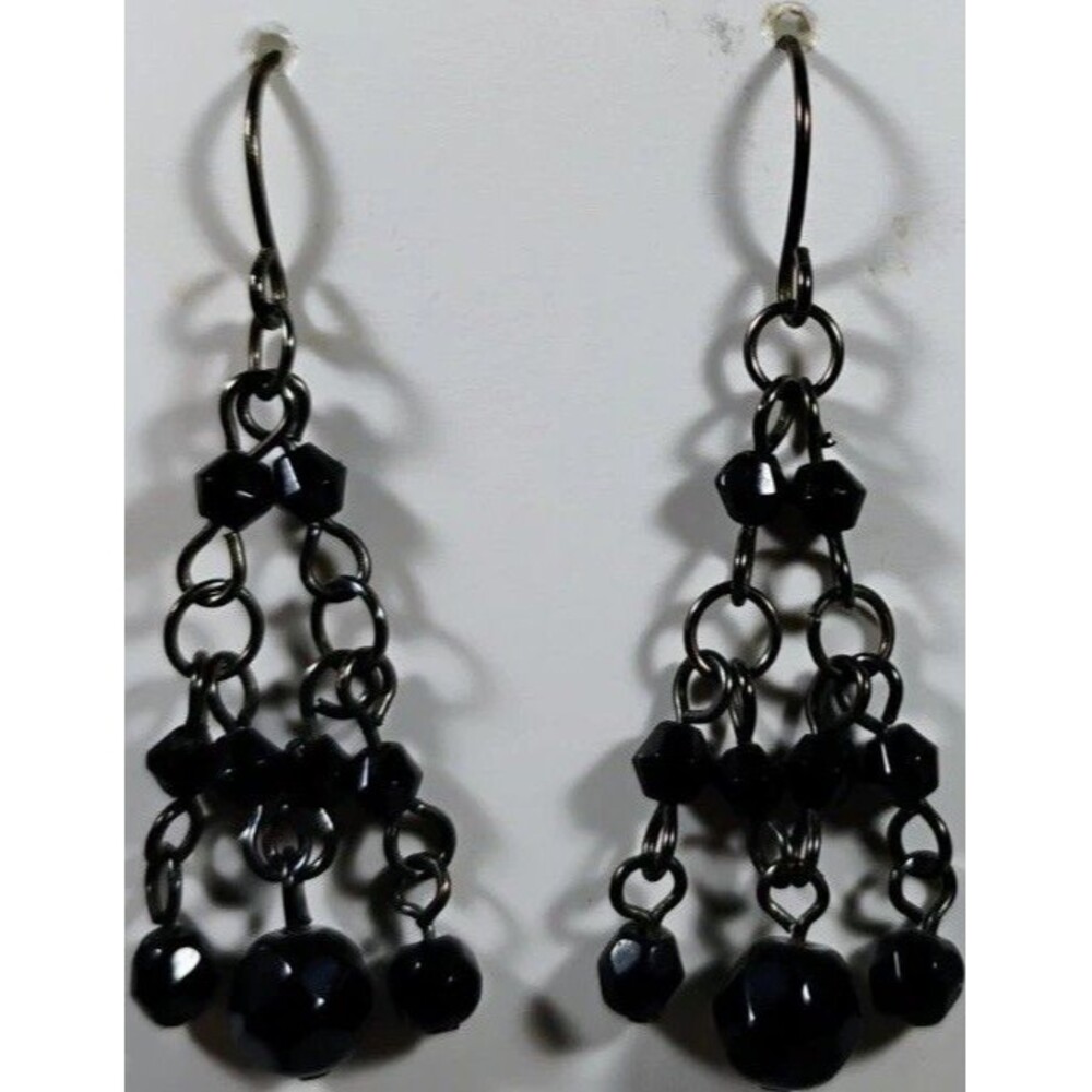 Elegant Black Chandelier Earrings w/ Dangling Faceted Beads on Dark Metal Chains